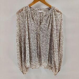 blu pepper Ivory Floral Pullover Blouse Size Medium Balloon Sleeve Semi sheer